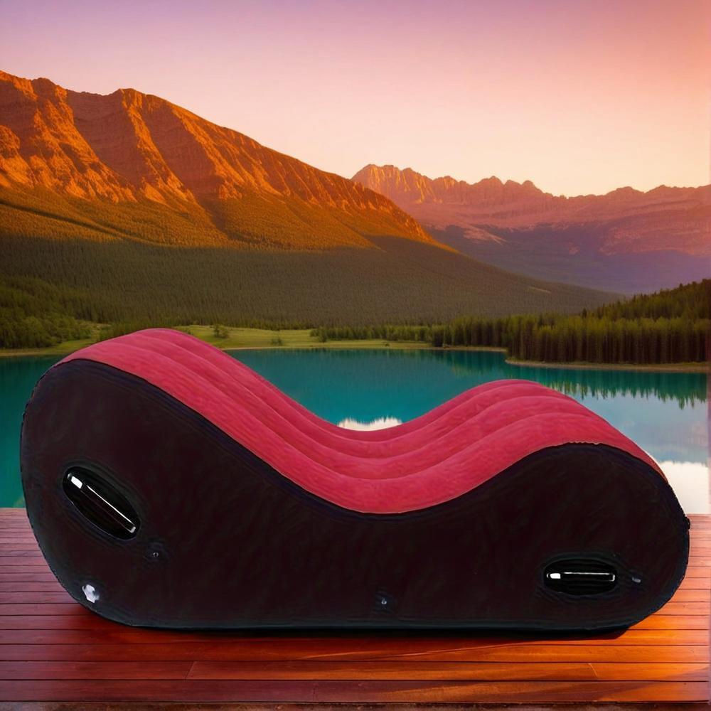 portable inflatable sofa air chair s shaped red and black flocking lazy couch with headrest and armrests ideal for indoor living room bedroom outdoor backyard garden beach no air pump included versatile   sshaped couch soft texture   inflatable couch