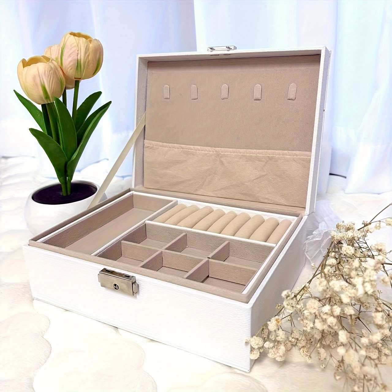 luxurious jewelry organizer box with lock - large capacity   display case for necklaces, earrings bracelets & watches in   leather  . ideal gift or home/salon storage solution, jewelry boxes Product details 8