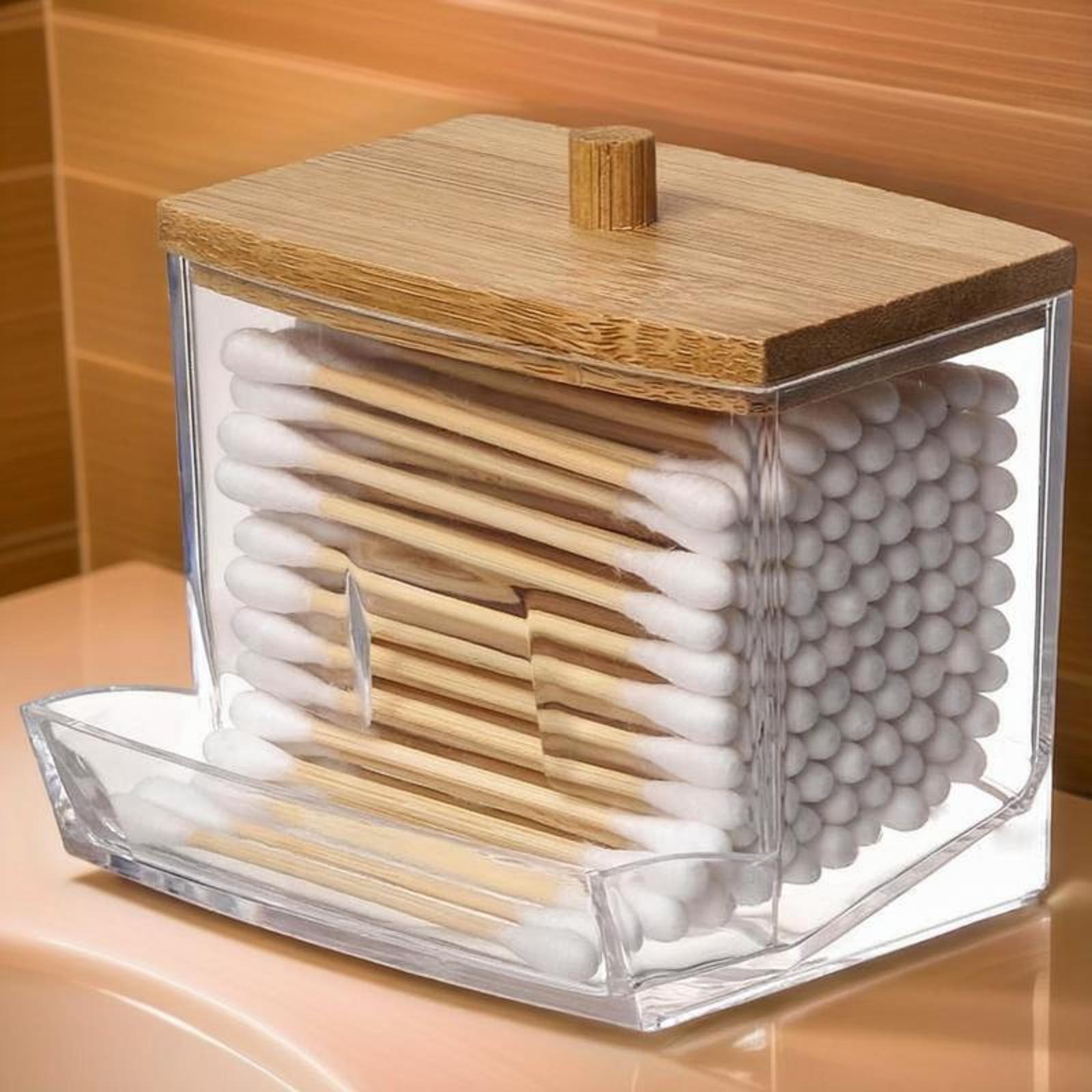 1pc 7oz clear acrylic swab holder with high quality wooden lid sleek polished bathroom container for swabs pads lightweight   bathroom accessories 0