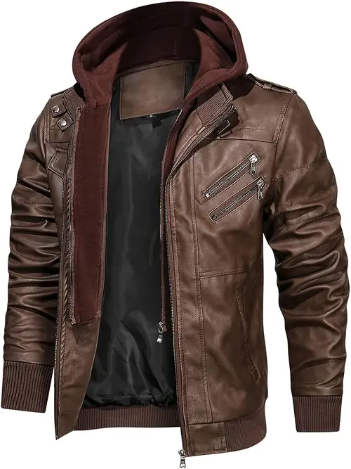 mens vintage pu leather motorcycle coat waterproof windproof anti tear with removable hood zipper closure machine washable black casual outdoor riding jacket for men teens durable zipper closure