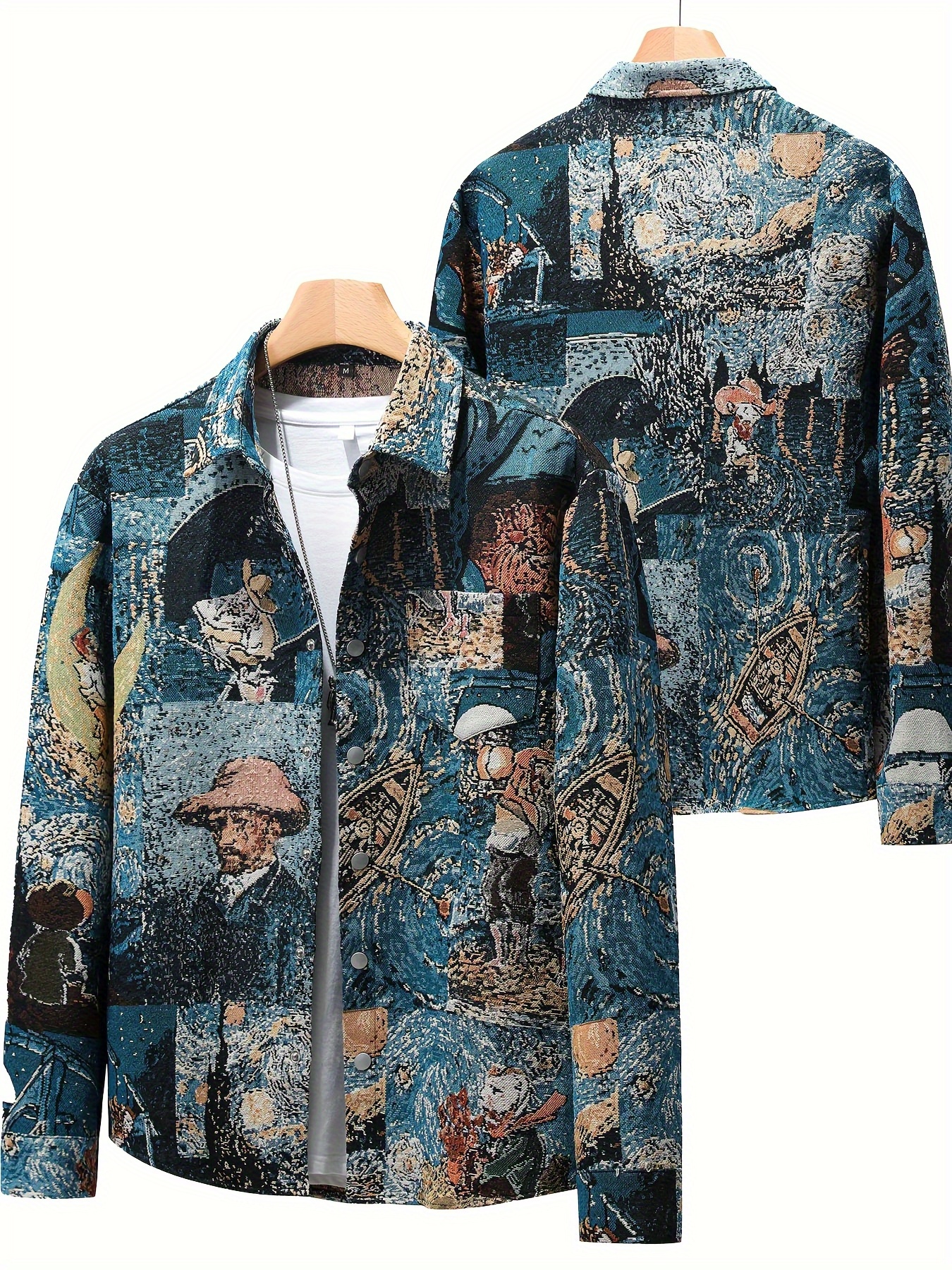 van   starry night art jacquard embroidery mens casual jacket polyester non elastic lapel button front cardigan with chest pocket   outdoor streetwear for beach parties daily wear beach outfit vintage aesthetic   stitching artistic outerwear trendy men party outfit   durable outerwear fashion enthusiasts blue 0