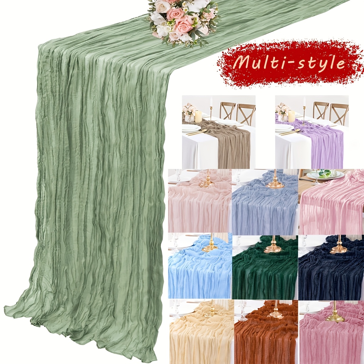 LUKDUNG Tafellopers, 2 stuks, kaasdoek, boho-gaas, kaasdoek, rustiek tafelkleed voor bruiloftsdecoratie, tafeldecoratie, 90 x 300 cm (saliegroen, 90 x 300 cm, 6 stuks