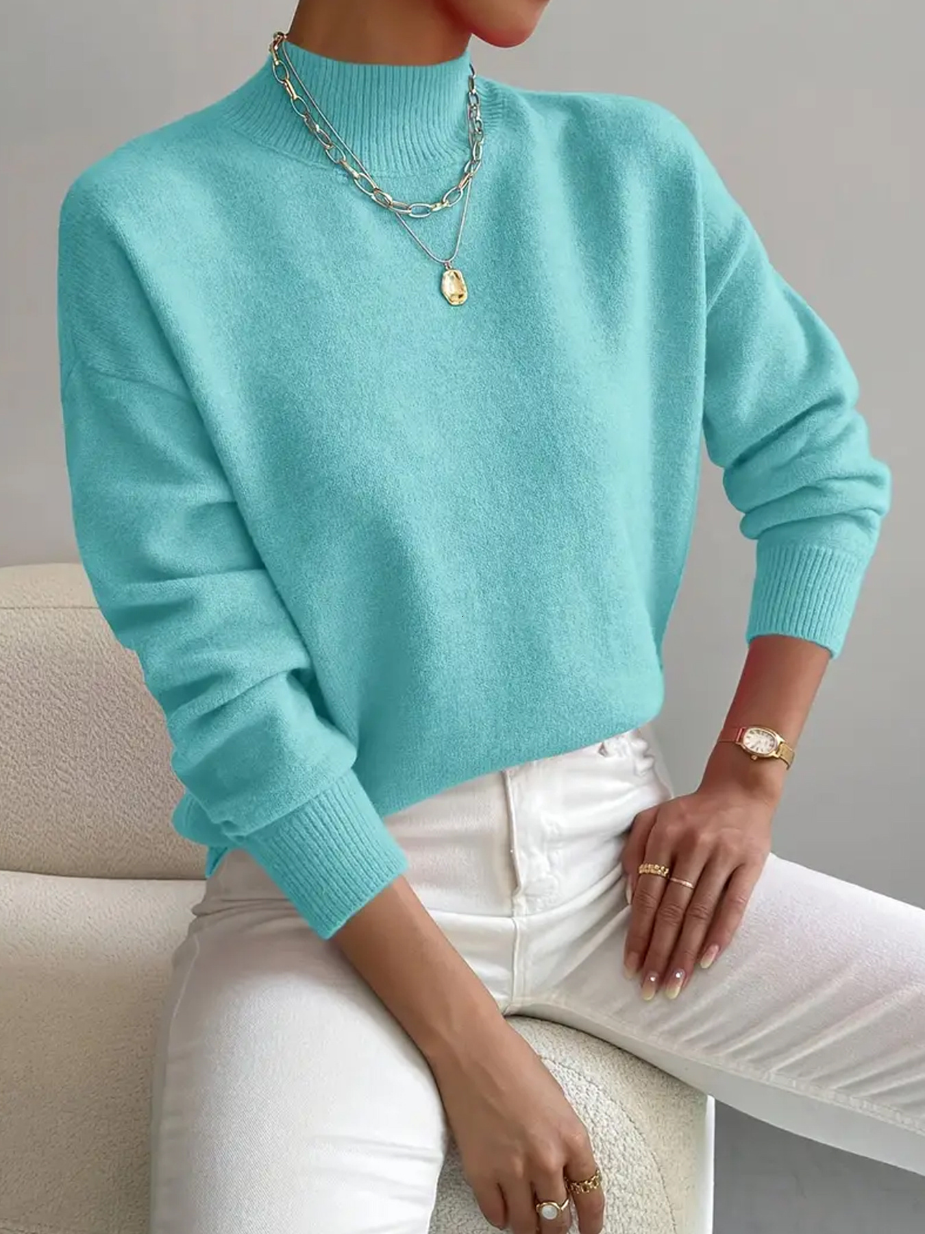 womens fashionable simple solid color high neck pullover sweater elegant and versatile loose fit thin base layer for spring and autumn womens sweater womens top