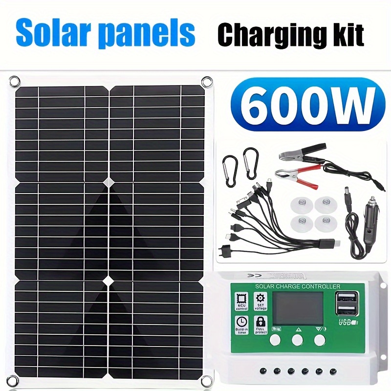 portable 12v 600w solar panel kit with 100  charge controller extension cable and battery clips for boat motorcycle home outdoor lights rv outdoor camer  generators