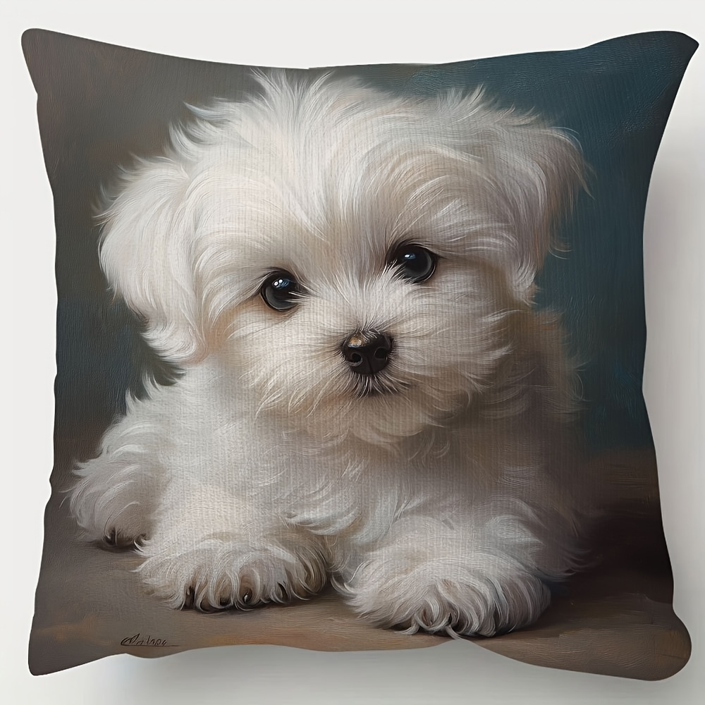 TEMU 1pc, 45x45cm, Single-sided Maltese Dog Pattern Pillowcase, Peach Light Beige Fabric, Polyester,, Modern Home Decor. Suitable For Living Room,