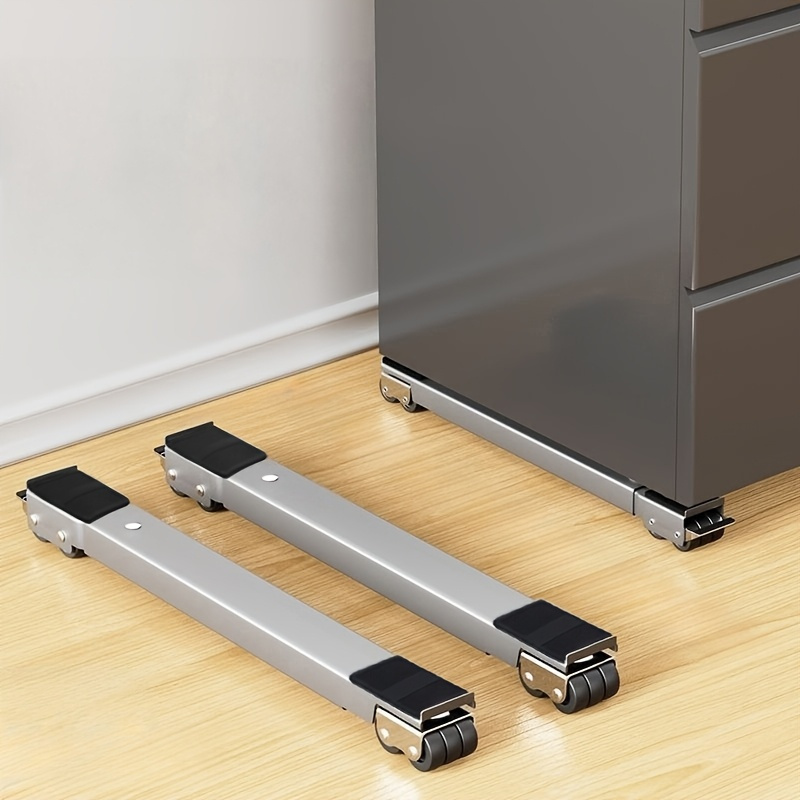 two adjustable length moving stands for household appliances designed with wheels that have a braking feature and rubber anti slip pads ideal for   duty transportation of refrigerators washing machines dryers dishwashers and more