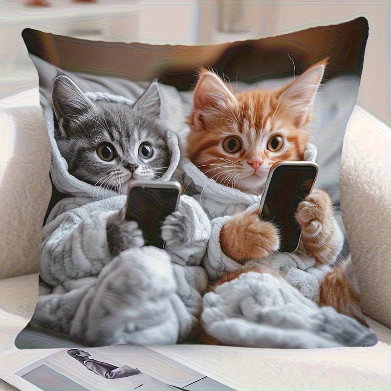 1pc contemporary cat pillow cover   kittens in grey orange hoodies with smartphone   polyester decorative   zipper closure machine washable multi size for living room bedroom decor cat decor for home whimsical design comfortable texture 0