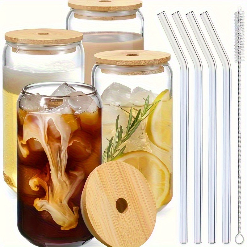 Juego de 4 piezas (Vaso + Pajita + Tapa + Cepillo para pajitas) Vaso para Café Helado, Cerveza y Té 350ml 450ml 550ml Vidrio Perborosilicato con Tapa y Pajilla para Jugo. Vasos Creativos, Vasos de Leche con Tapa de Madera Material Escolar