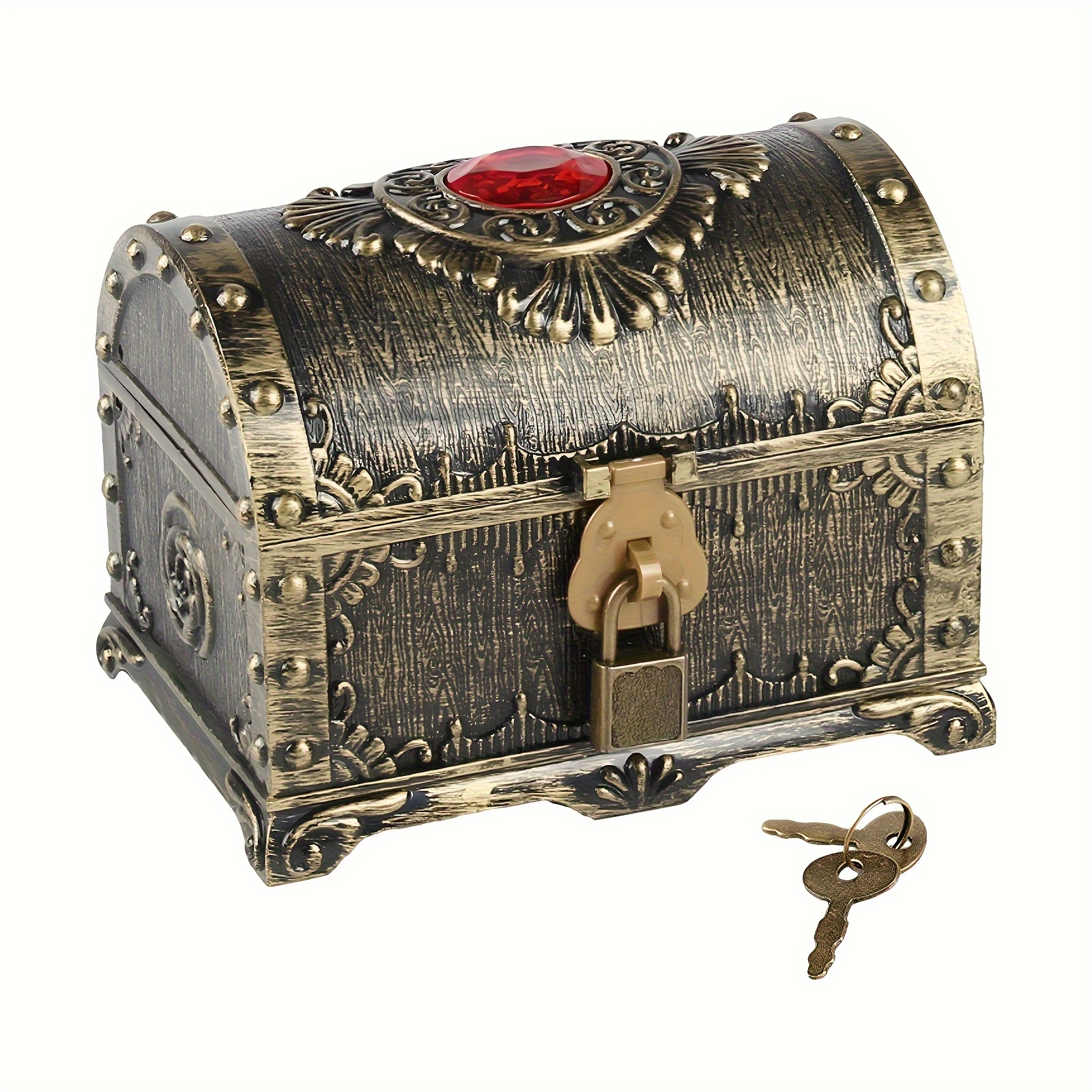 Image of Vintage Pirate Case With Bronze Lock And Key-durable Plastic Decorative Storage Box For Jewelry, Souvenirs, Home& Office Decor (5. 51x 4. 33x 4. 13 Inches), Jewelry Chests