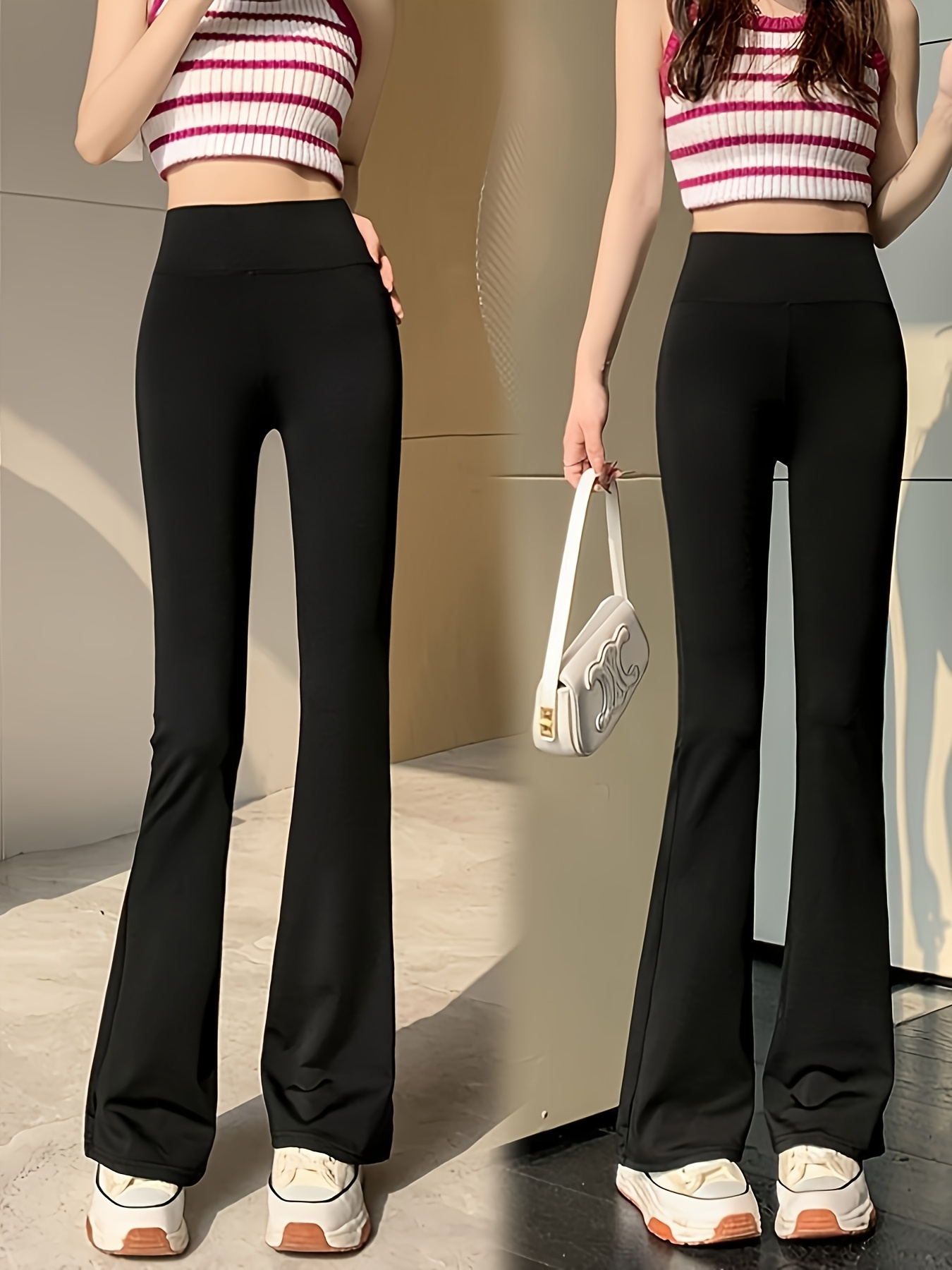 A pair of lightweight black flared pants for summer, made of soft and stretchy fabric, a magical tool that   short     and slimmer, versatile and trendy, suitable for daily  , sports, dancing, and yoga.