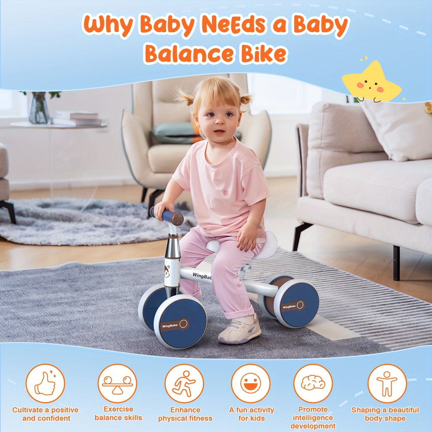 Baby Balance Bike for Toddlers 10-36 Months, 4-Wheel First Ride Bike for Boys and Girls, Multiple Colors