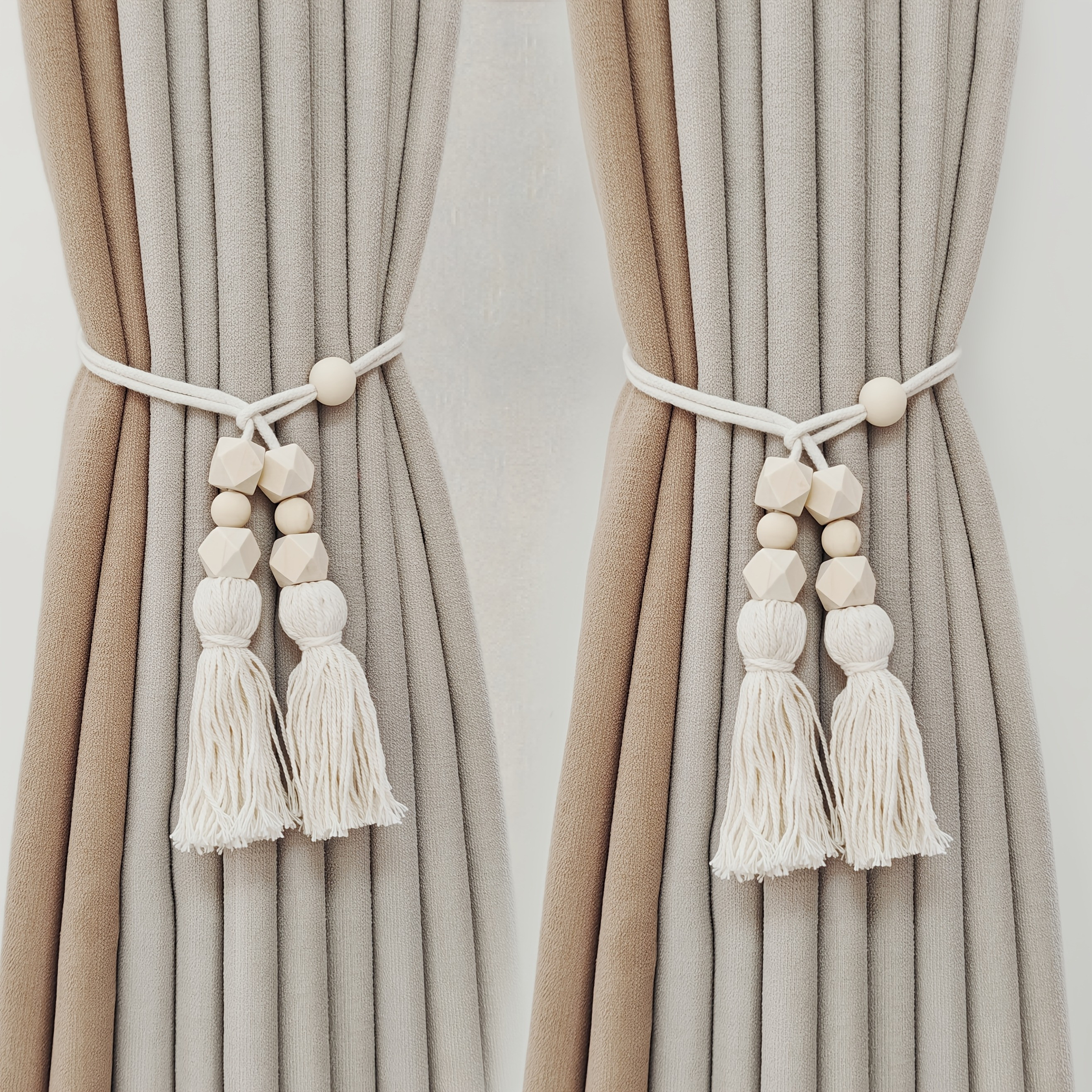 2 Bohemian Style Curtain Holders With Tassels, Wooden Bead Curtain Fasteners For Living Room, Bedroom, Kitchen Home Decor
