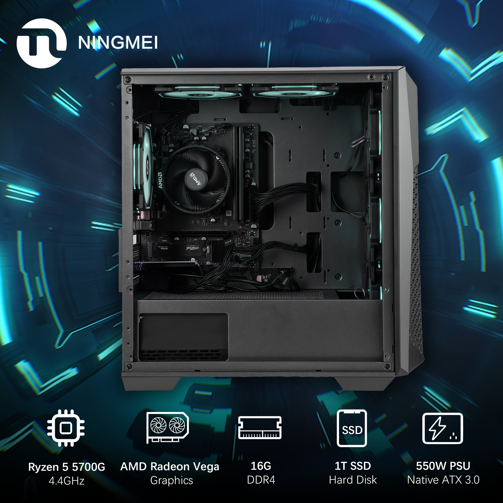 Ningmei Gaming Desktop PC met AMD Ryzen 7 5700G, Radeon Vega8