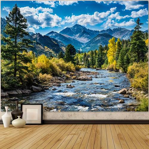1pc tapiz de poliéster en la , de montaña y con verdes, blancas y río fluyente, colgante estético para sala, dormitorio, o - decoración de interior, 90gsm, no requiere electricidad