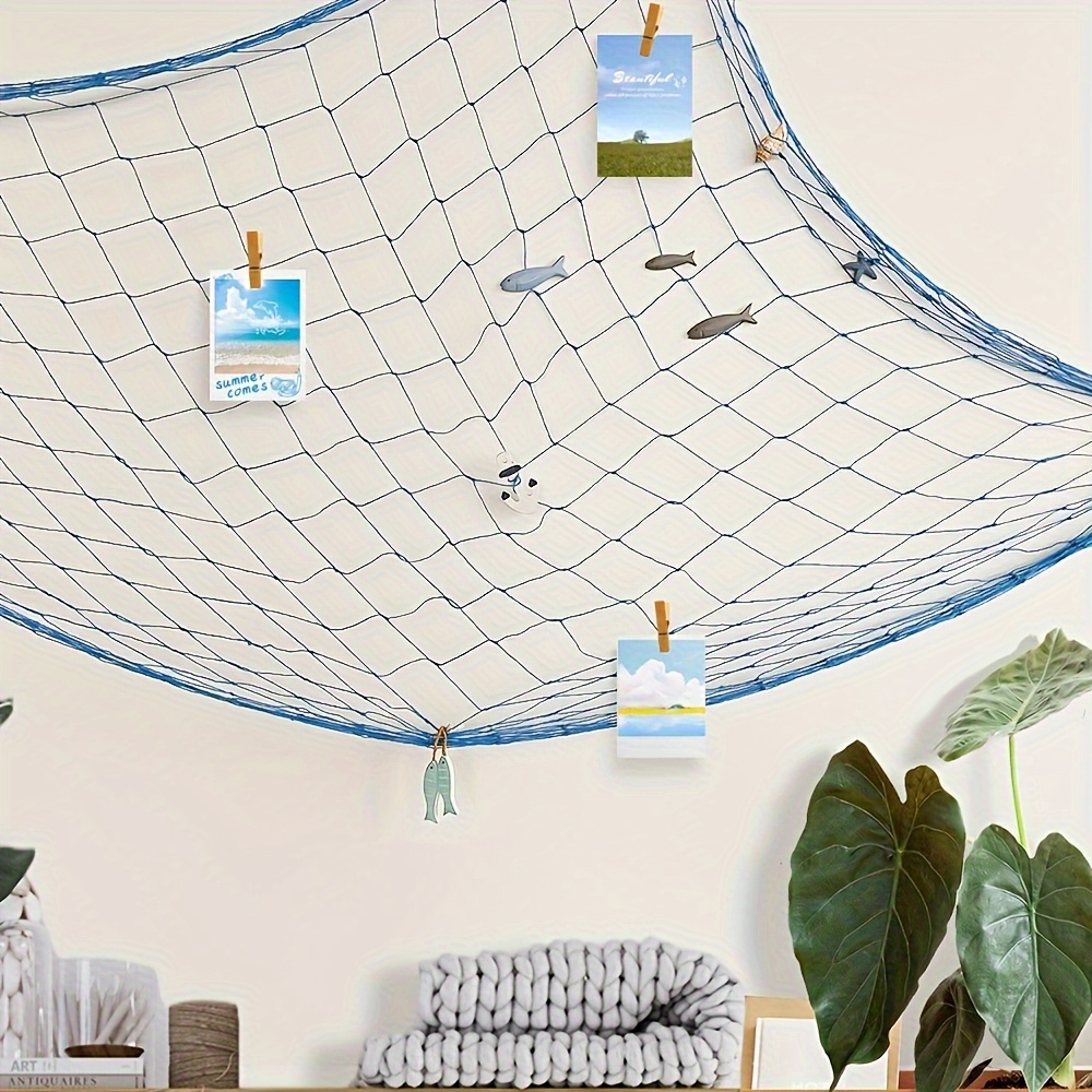 TEMU 1 Décoration Murale Artisanale Bohème de Filet de Pêche Bleu - Panneau en Tissu sur le Thème de l'Océan de 39x79 pouces avec Étoiles de Mer,