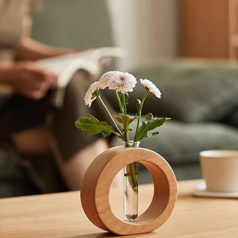 stylish circular glass vase designed for   featuring a wooden base this hydroponic plant decor is perfect for your living room and     a wooden support for cultivating plants with a single glass test tube gardening gift h
