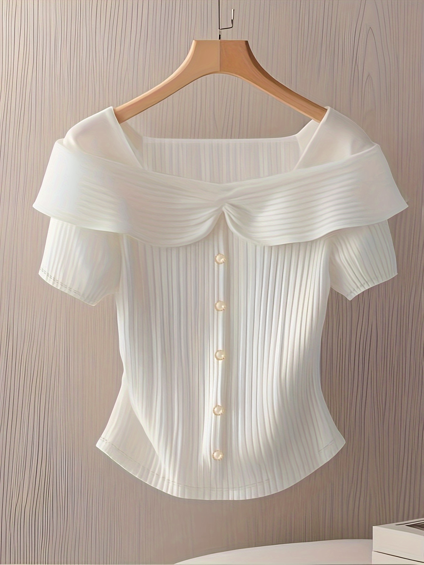 Women's Summer Short Sleeve Top - Elegant Middle Eastern-Inspired Button-Front Design, Lightweight Breathable Fabric, Machine Washable Solid Color Blouse for Casual & Formal Wear, Versatile Clothing, Sophisticated Style, Ribbed Texture, Stylish Women