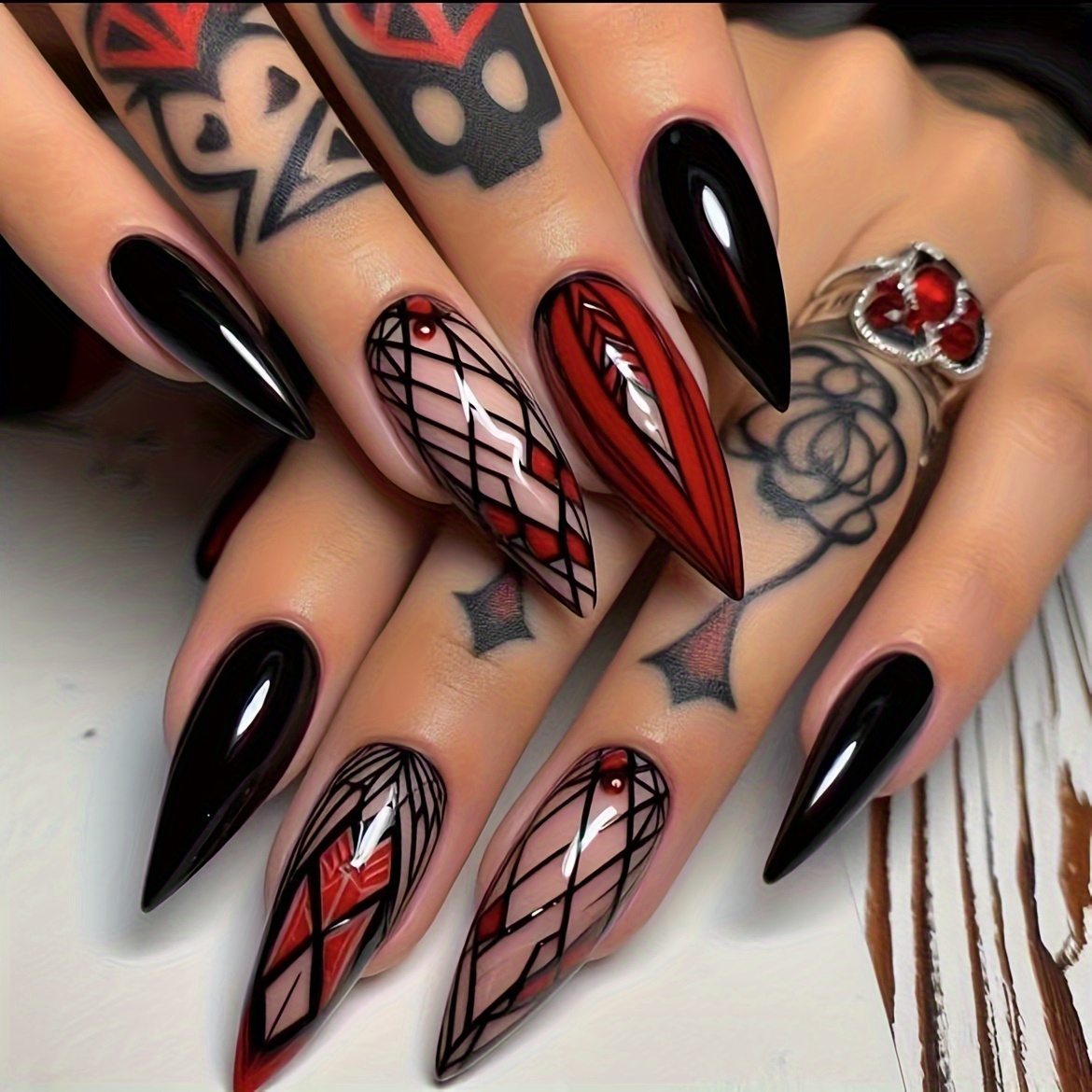 TEMU Halloween Women's False Nails Black Red Almond Medium Length Striped Plaid Shiny Wearable Nails Suitable For Women And