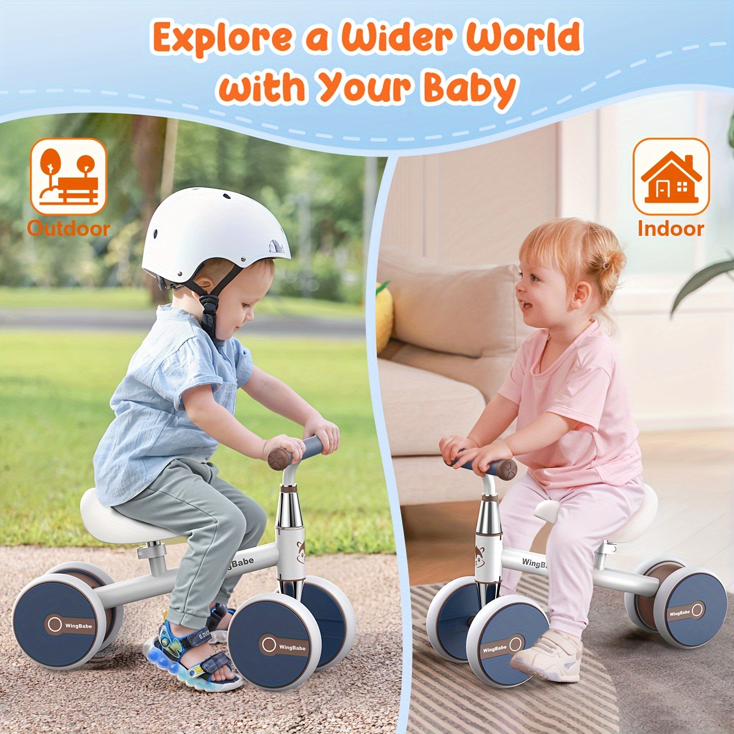 Baby Balance Bike for Toddlers 10-36 Months, 4-Wheel First Ride Bike for Boys and Girls, Multiple Colors