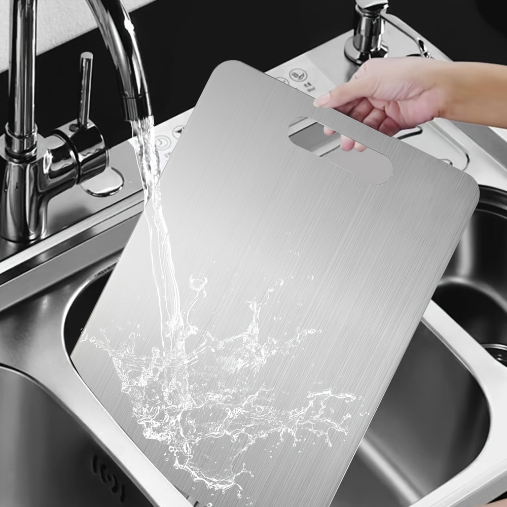 premium stainless steel cutting board with handle double sided design for cutting fruits vegetables bread and meat essential kitchen tool easy to clean and durable cutting board 4