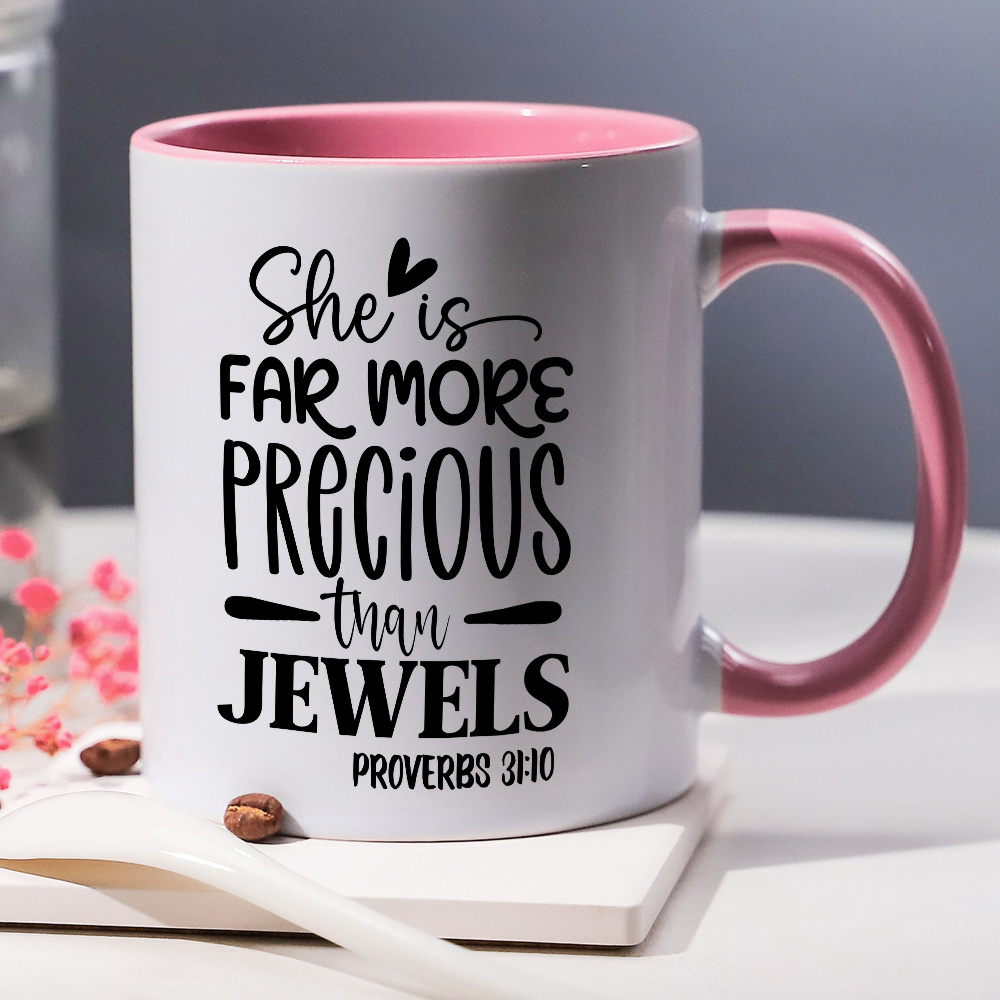 1pc 11oz inspirational   verse ceramic mug     precious than jewels   31 26 white pink   insulated reusable coffee tea cup dishwasher safe spiritual gift for pastors men women christmas thanksgiving halloween holiday drinkware durable drinkware details 1