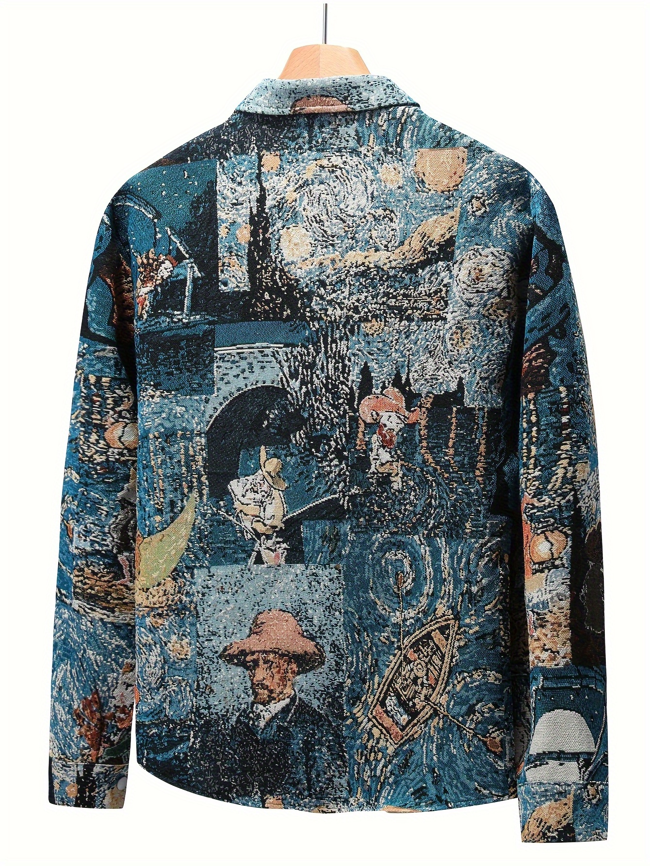 van   starry night art jacquard embroidery mens casual jacket polyester non elastic lapel button front cardigan with chest pocket   outdoor streetwear for beach parties daily wear beach outfit vintage aesthetic   stitching artistic outerwear trendy men party outfit   durable outerwear fashion enthusiasts