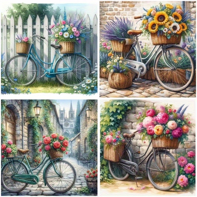 item picture 4pcs 5d diy diamond painting kit colorful floral bicycle design round acrylic diamonds perfect for home wall decor and beginner gifts