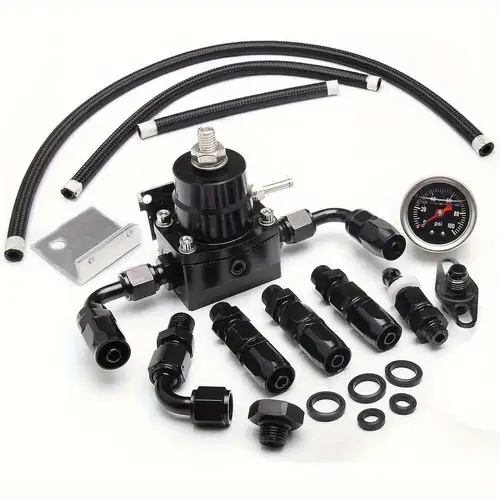 Black Adjustable EFI Fuel Pressure Regulator With Gauge - AN6 Ports, 3-70 PSI For Performance