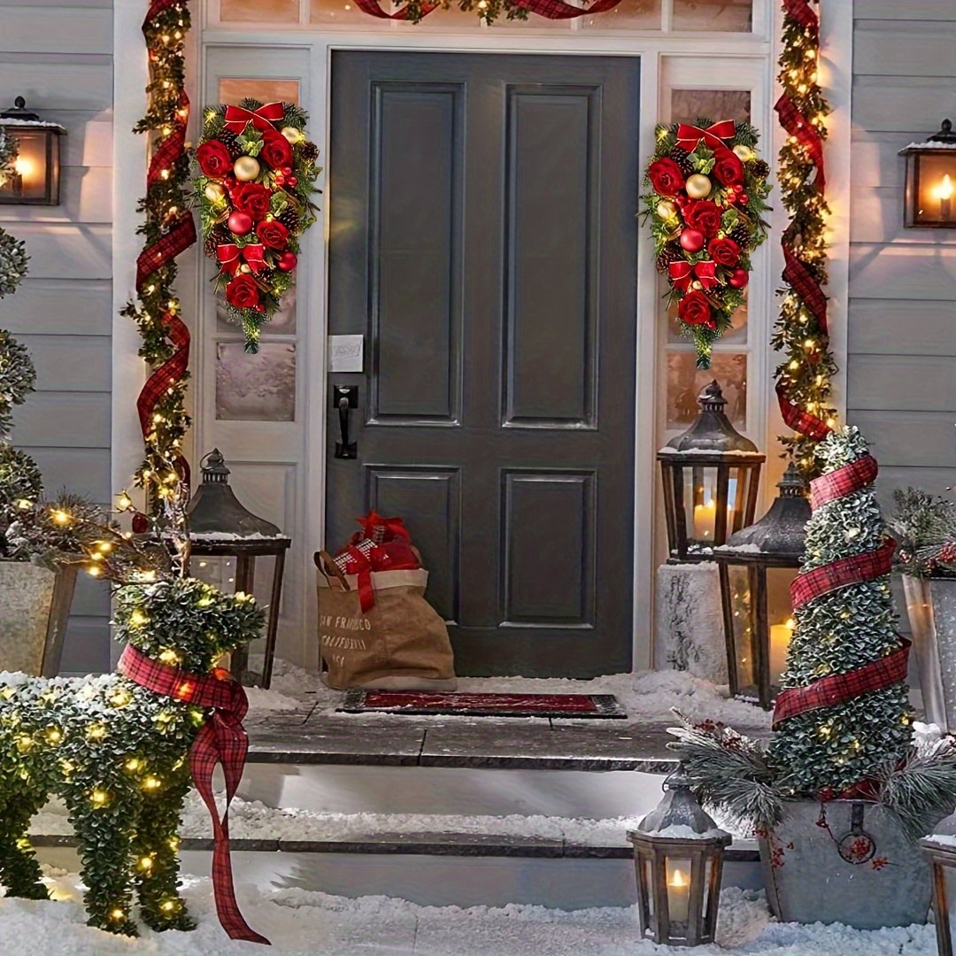 Eleganter Weihnachtskranz Aus Rotem Samt – 24,9 Cm Durchmesser, Mit Schleife, Für Fenster, Türen & Innendekoration