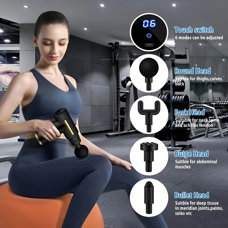 6pcs Set with All Accessories Compact High Torque, Deep Tissue Relaxation - USB Rechargeable, Ergonomic Handle in Stylish Black and Golden Design, Powerful Motor for and Massager