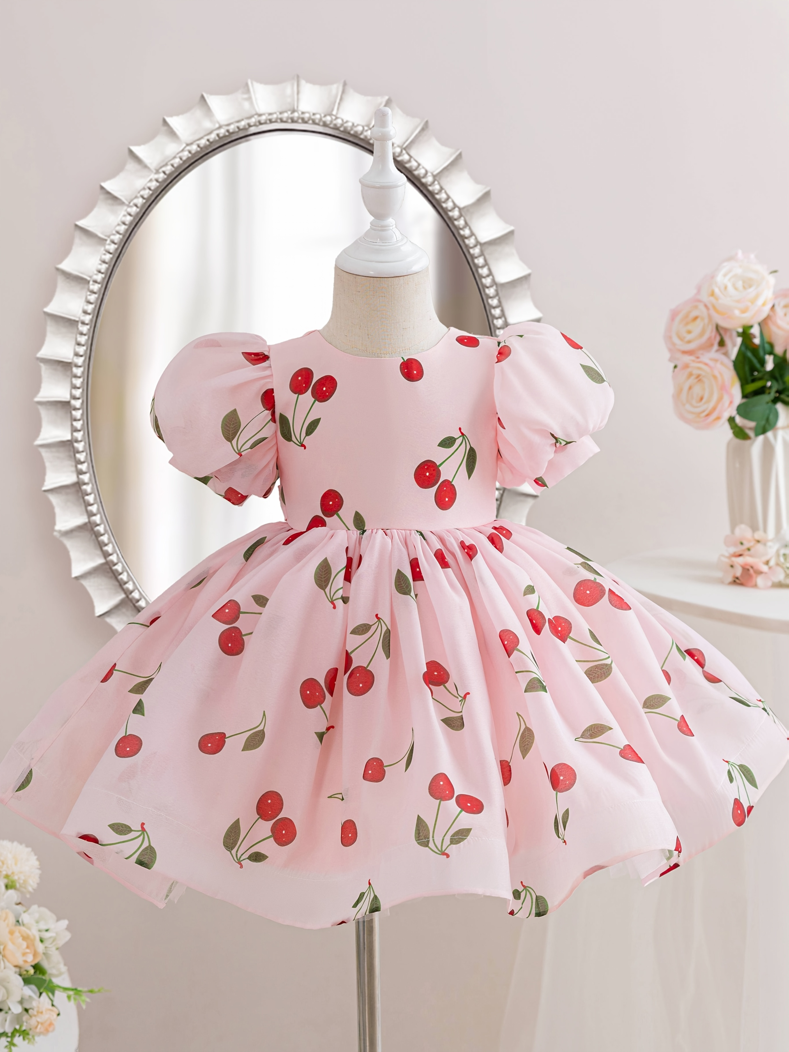 a cherry puff sleeve a line semi formal dress girls a - Temu Saudi Arabia