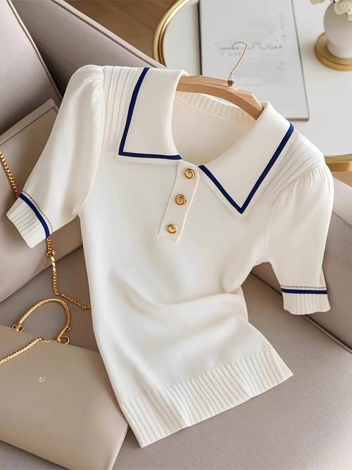 womens elegant collar top white with navy short sleeve button front design premium breathable fabric for spring summer fall versatile casual to semi formal wear seasonal wardrobe staple sophisticated style durable construction stylish blouse fashionconscious women