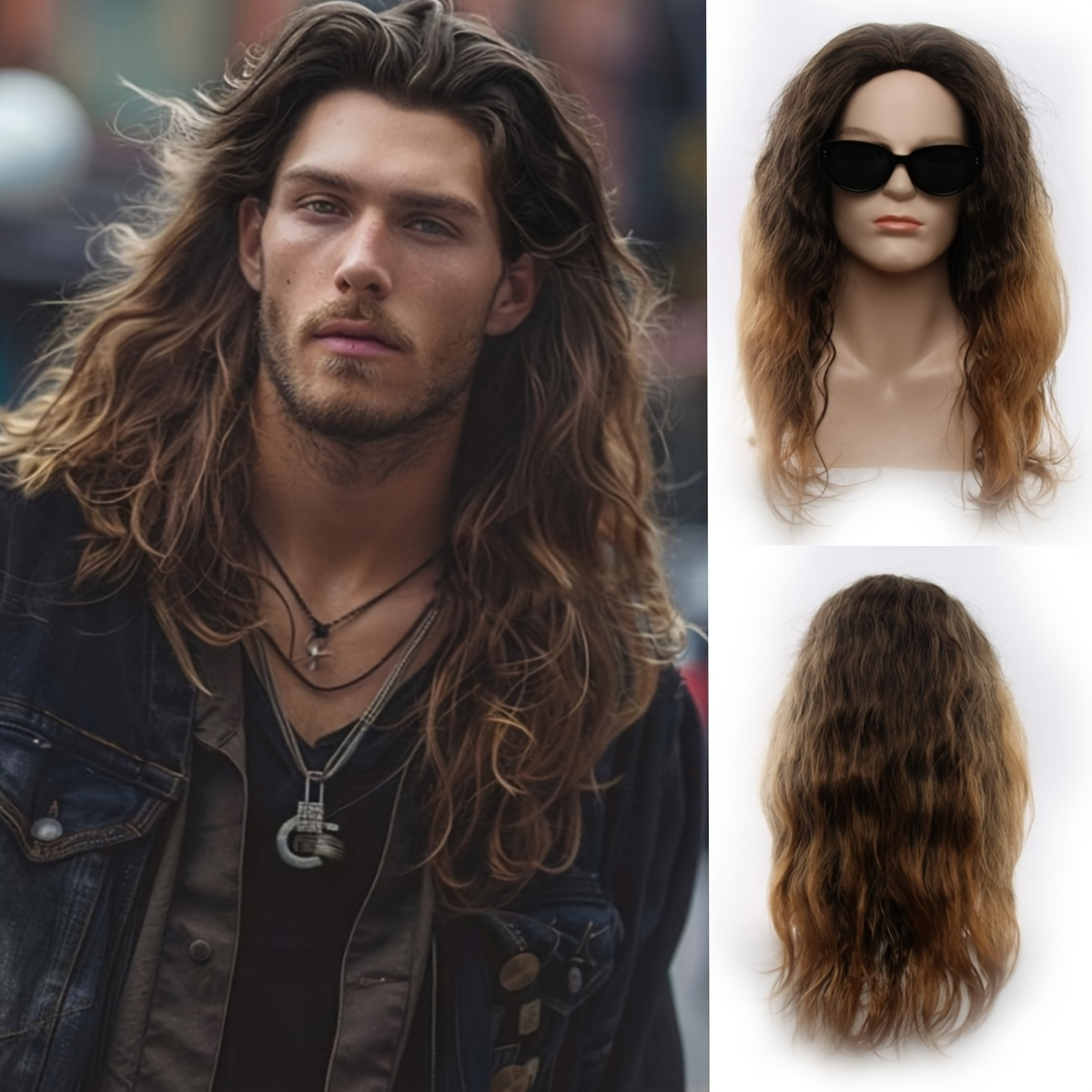 Image of Men's Ombre Brown Wavy Wig, No Bangs Synthetic Water Wave Wig, Unisex, Cosplay & Everyday Parties, Halloween Cosplay Wig | Gradient Color Wig | Hightemperature Fiber, Music Festival Wigs