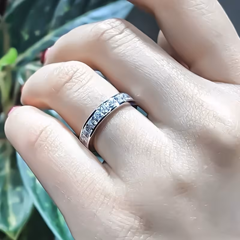 1pc classic 2mm wide ring with synthetic cubic synthetic zirconia stones unisex engasynthetic gemstoneent wedding band for men women durable everyday jewelry gift for anniversary wedding ring accessory polished Product details 8