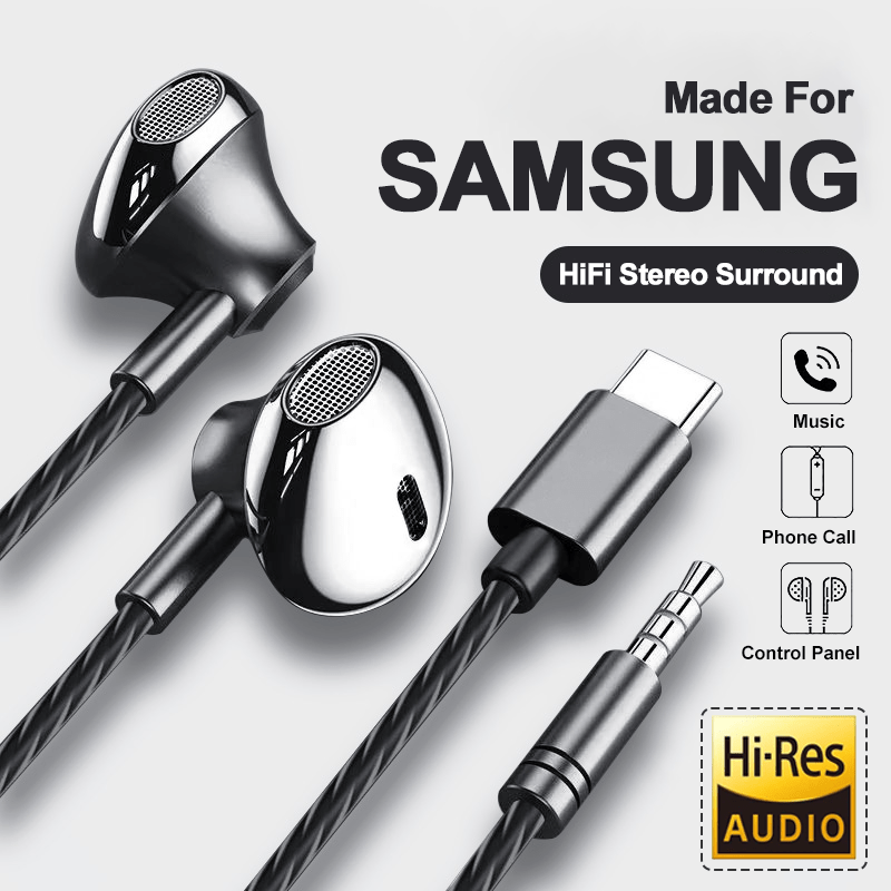   stereo volume control microphone 3 5mm wired headphones usb c type headphones suitable for galaxy s24 s23 s22 s21 ultra iphone 15 pro max etc plastic semi open back cover   call  