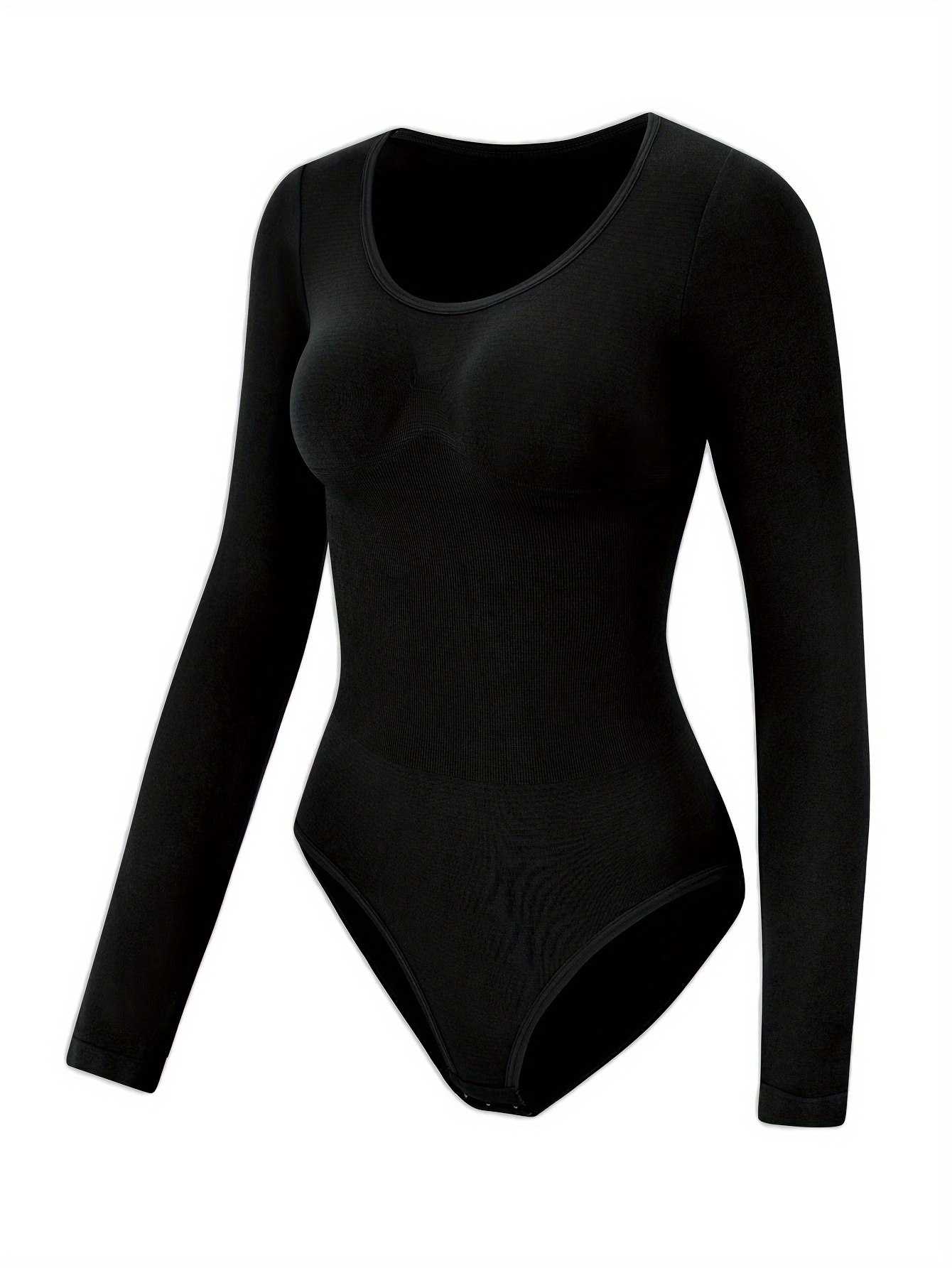 1pc Women's Ribbed Tummy Control Shaping Lightweight Warm Bodysuit, Long Sleeve Round Neck Design, Seamless Comfort, Fitted, Soft Stretch Fabric, Perfect for Daily Wear
