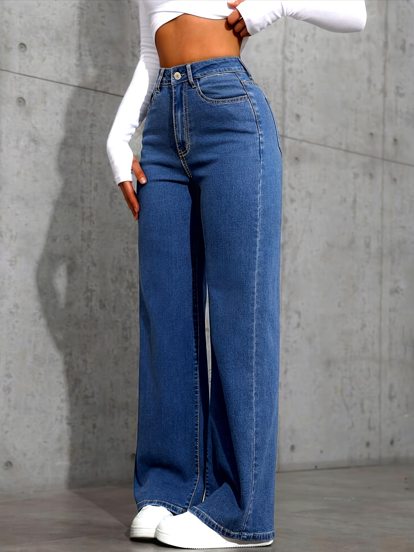 Women's High-Waisted Stretch Wide-Leg Jeans - Relaxed Fit Washed Denim, Button Closure Casual Pants for Casual Attire, All-Season Comfort (Machine Washable)