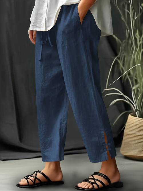 plus size xiaofu directional extended new style size womens textured elastic waist drawstring hem slit elegant style womens tapered pants