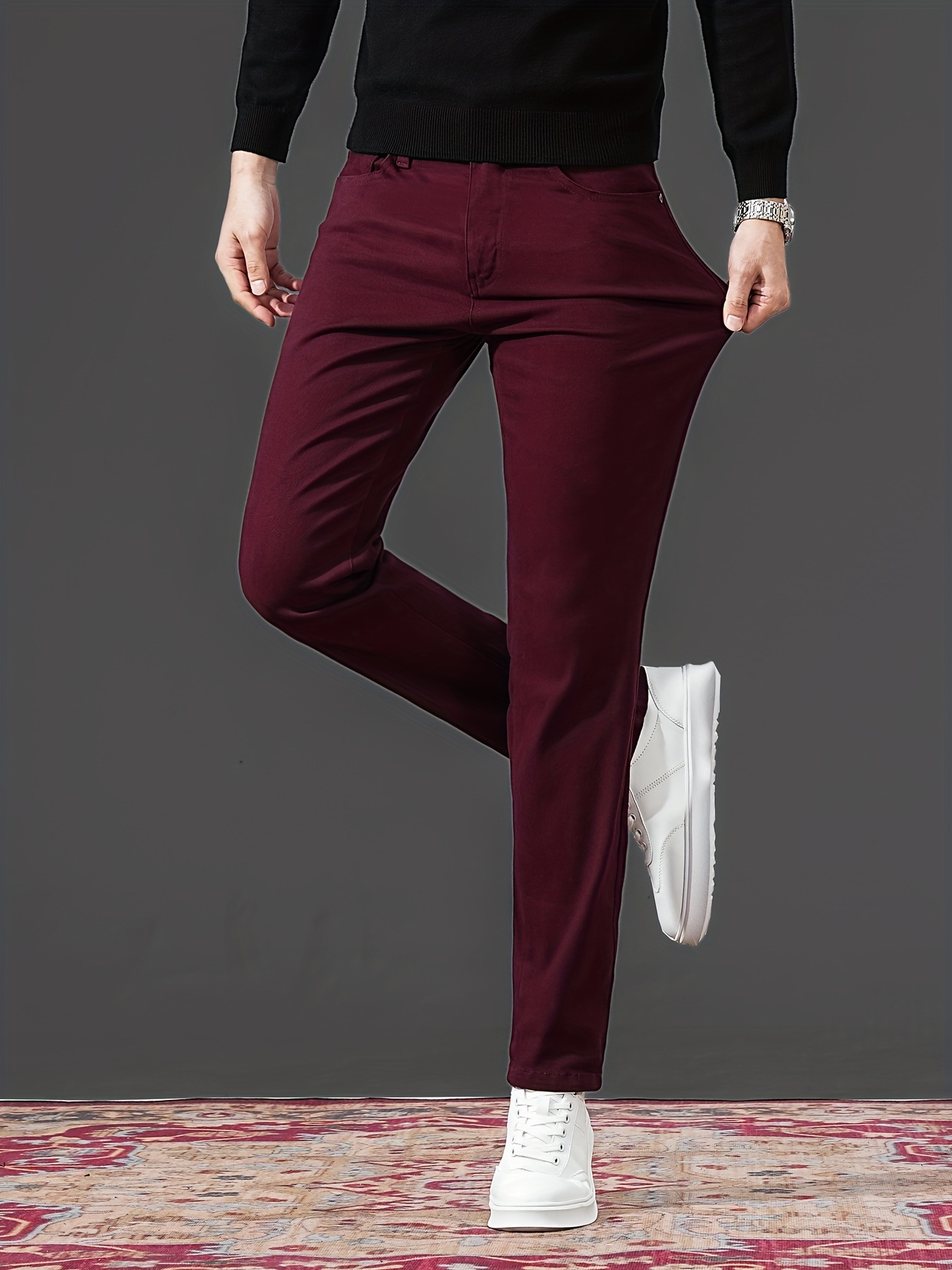 mens burgundy jeans stretch straight leg business casual - Temu Germany