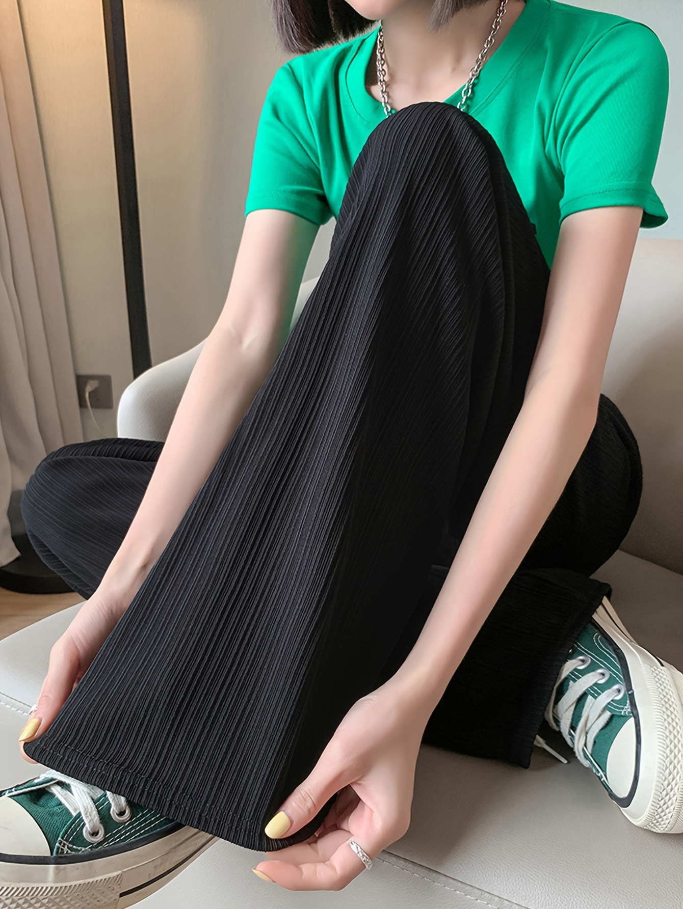womens high stretch ice   fiber wide leg pants thin striped casual trousers with relaxed fit long length     for gym training casual attire elegant special collection fluid silhouette trousers quality   nontransparent fabric