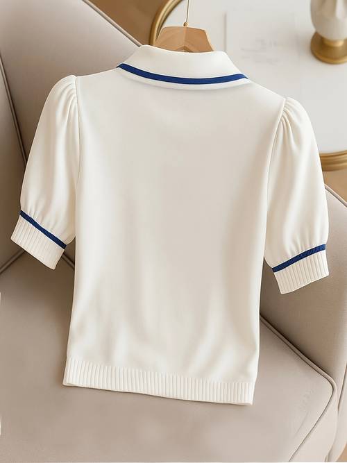 womens elegant collar top white with navy short sleeve button front design premium breathable fabric for spring summer fall versatile casual to semi formal wear seasonal wardrobe staple sophisticated style durable construction stylish blouse fashionconscious women