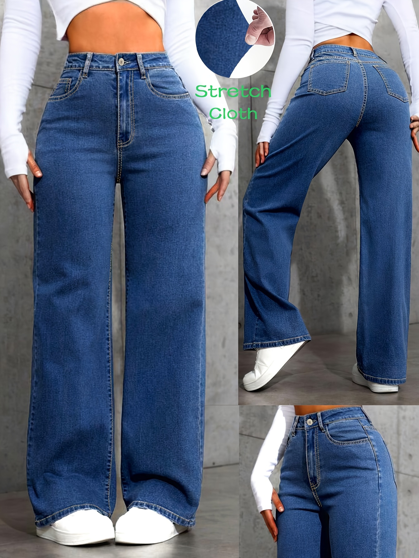 Women's High-Waisted Stretch Wide-Leg Jeans - Relaxed Fit Washed Denim, Button Closure Casual Pants for Casual Attire, All-Season Comfort (Machine Washable)