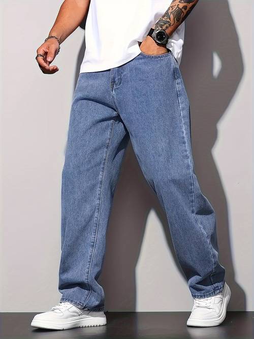 2025 new mens casual wide leg jeans cotton blend machine washable solid color 380g m high end denim fabric