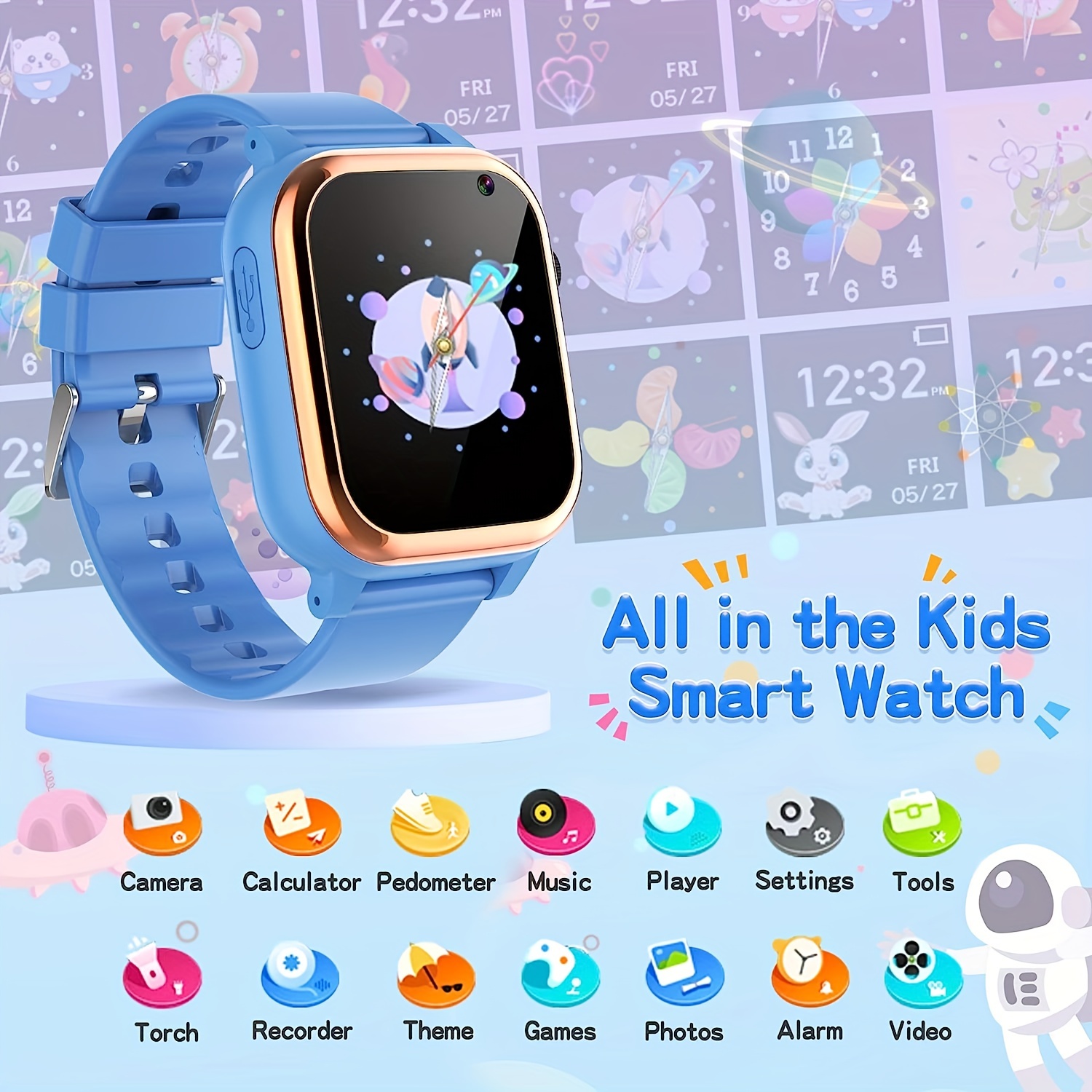  Reloj inteligente para niños y niñas, regalos para niños de 4 a 10  años, doble cámara, pantalla táctil, reloj inteligente para niños con 18  juegos, reproductor de video musical, reloj despertador