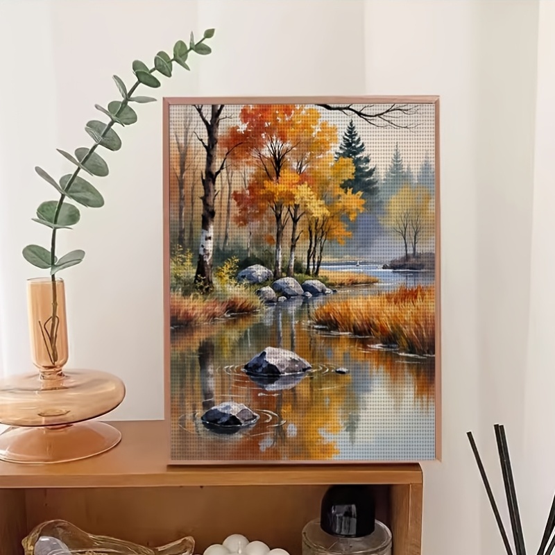 Printed Cross Stitch Kit, Autumn Forest Stream and Stones
