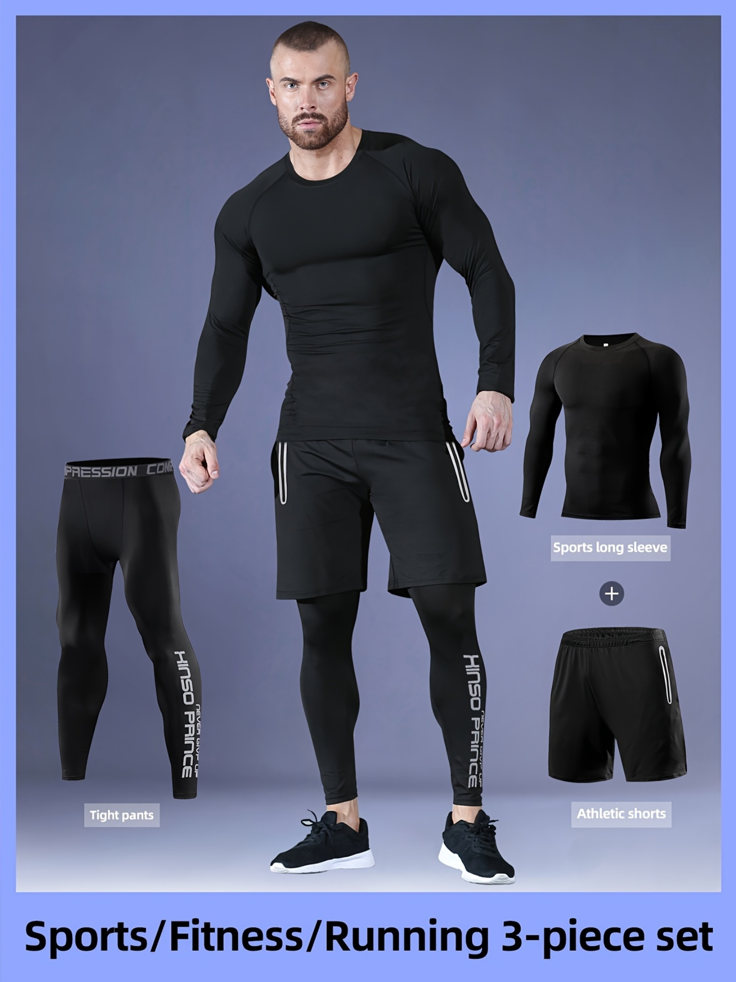 Completo Sportivo Uomo A Compressione - Maglietta Maniche Lunghe E Pantaloni, Traspirante E Ad Asciugatura Rapida, 85% Poliestere 15% Elastan