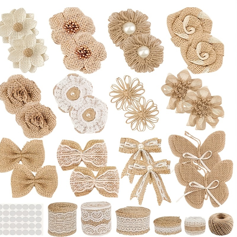 30pcs burlap flowers set with 24 handmade burlap flowers and burlap bows 5 burlap lace ribbon rolls 1 wire   dot burlap jute ribbon for wedding party decoration home decor diy crafts