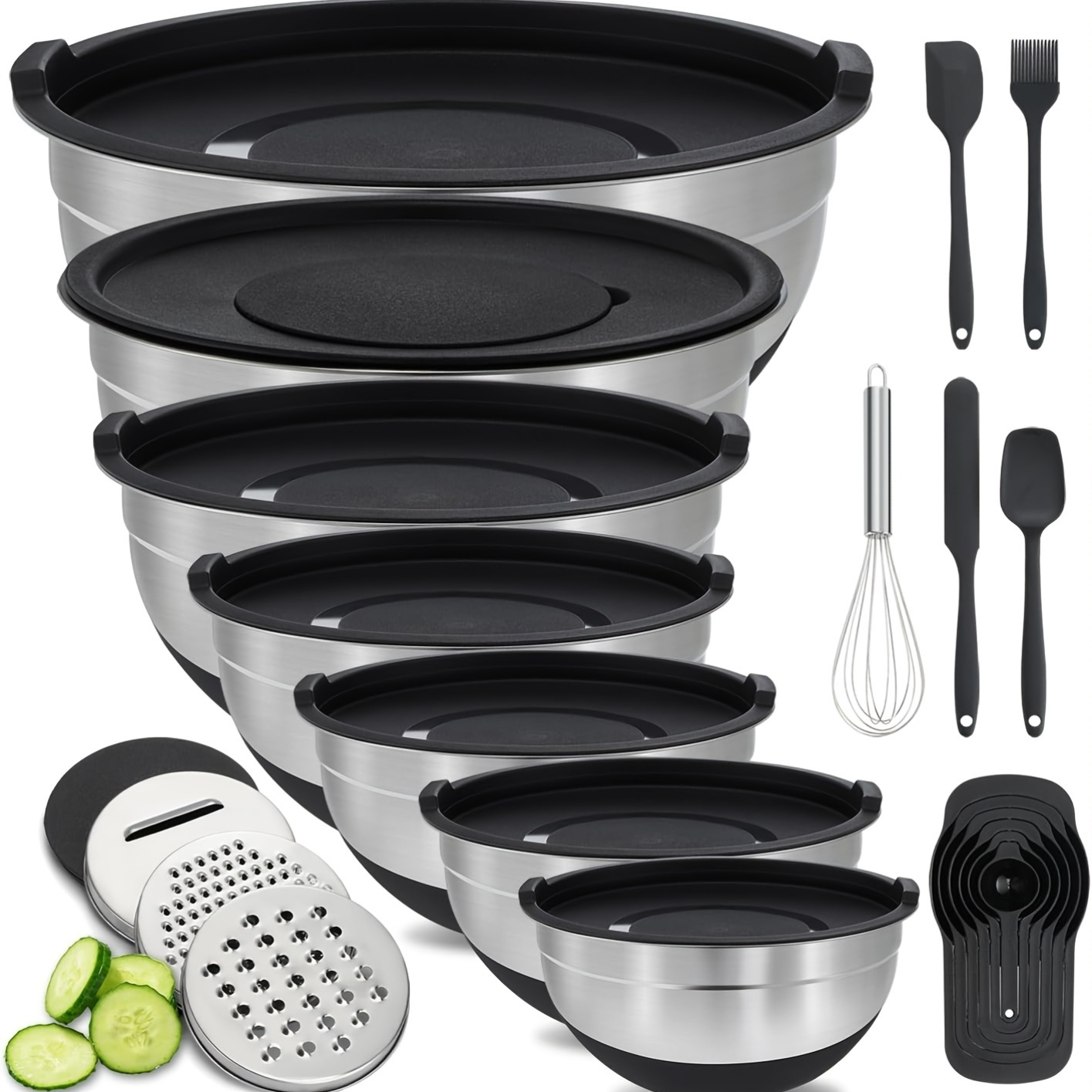 E-shop 21-teiliges/Set mit Deckel Salatschüssel Set, 7-teiliges Edelstahl Rührschüssel Set, mit 3 Rührwerkzeugen, 6 Messlöffeln, 5 praktische