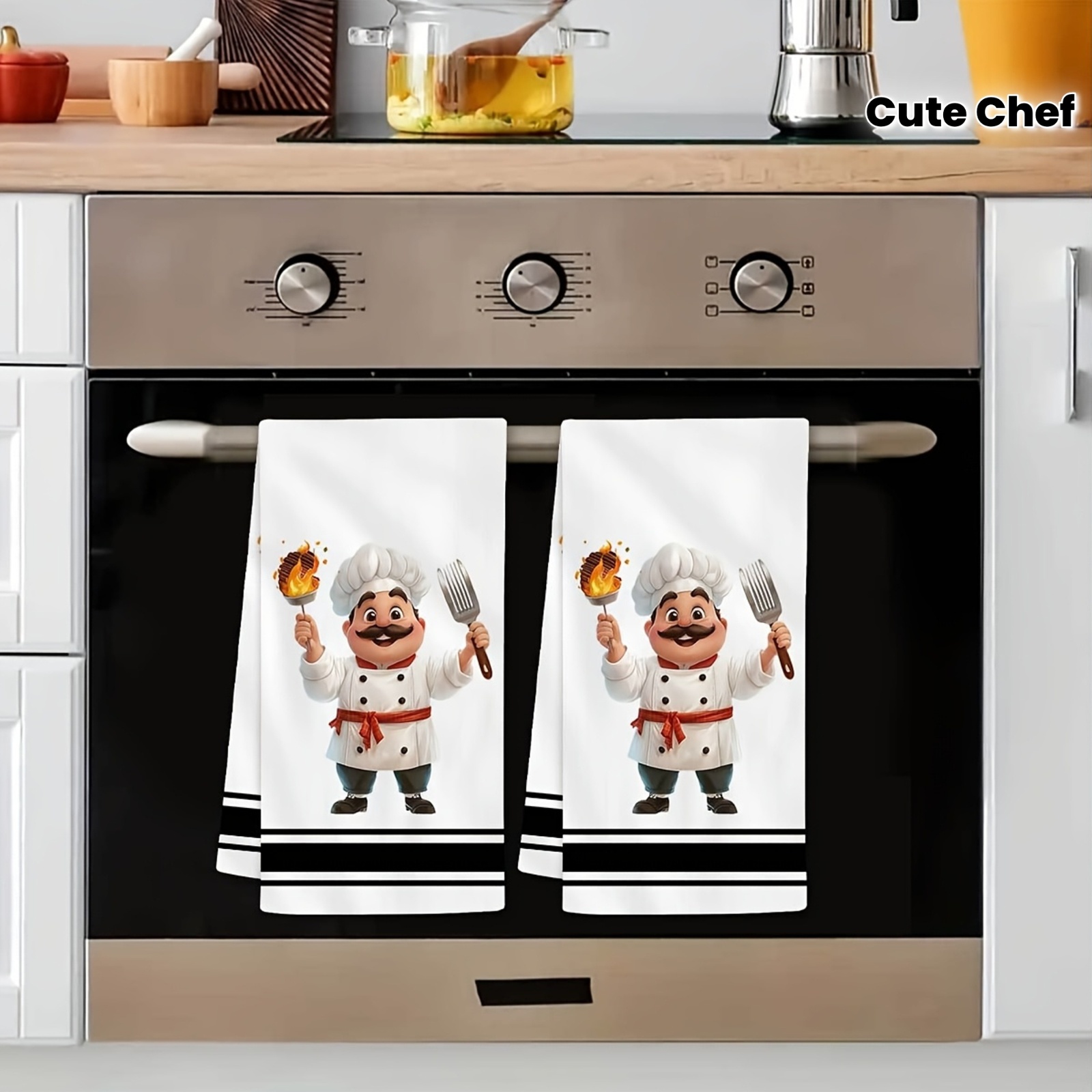 TEMU 2pcs de torchons de cuisine et essuie-mains sur le thème de dessin , présentant un chef dans une uniforme blanc avec une ceinture rouge, portant