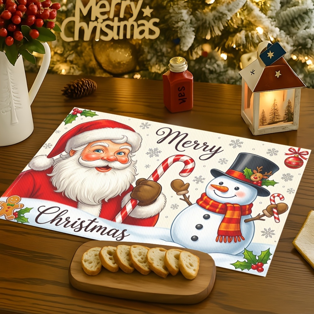 【4枚セット】メリークリスマス プレー 、サンタと の肖像画柄 テーブルマット クリスマスパーティーの飾り付け、ホーム キッチン ダイ ームの装飾、カフェ ダイニングテーブル装飾マット、12x18インチ